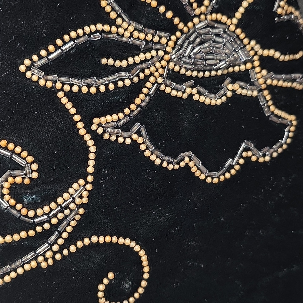 Vintage Black Velvet Beaded Shawl with Embroidery, Rhinestones and Fringe - Picture 5 of 5